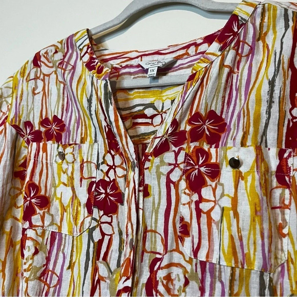 CORAL BAY Striped Beachy Linen Blend Button Down Blouse - Picture 3 of 10